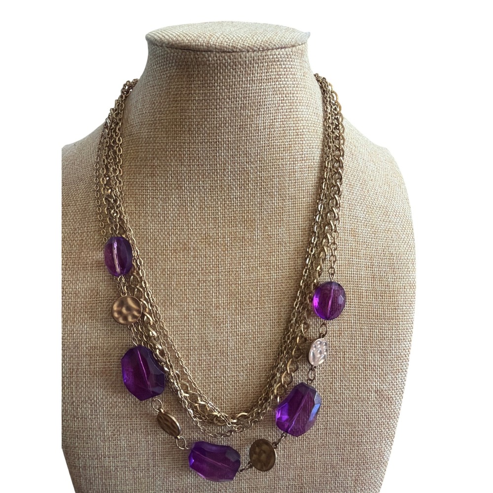 Multi Strand Purple Beaded Gold Tone Statement Necklace Hammered Disc Boho 1537